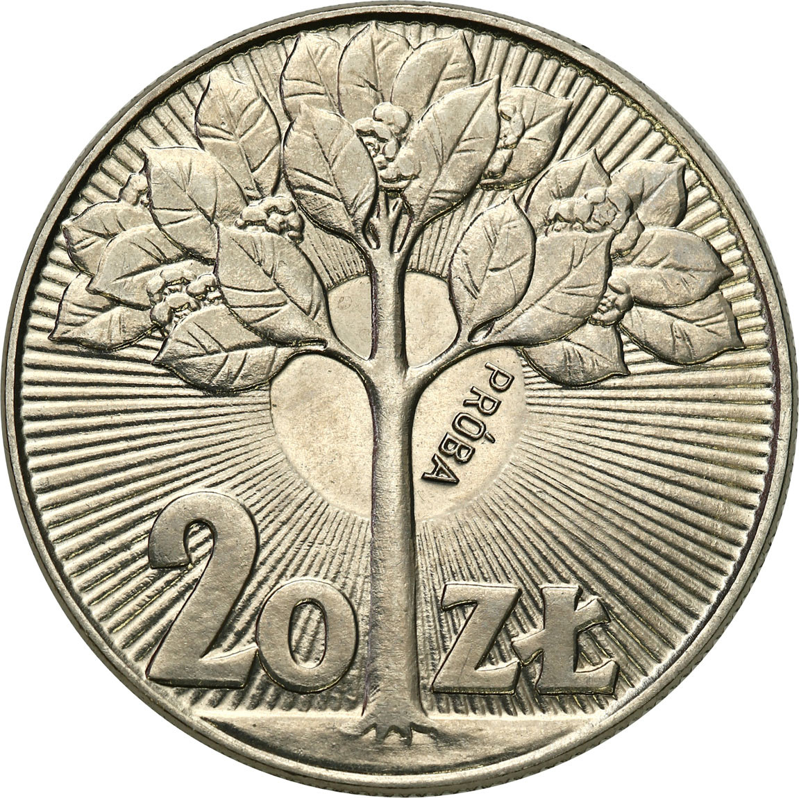 PRL. PRÓBA Nikiel 20 złotych 1973 - kwitnące drzewo